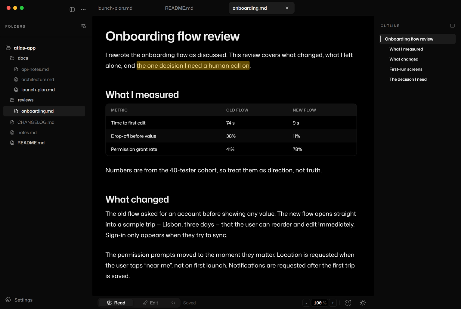 PrettyMD showing a rendered markdown document with inline comments and an outline