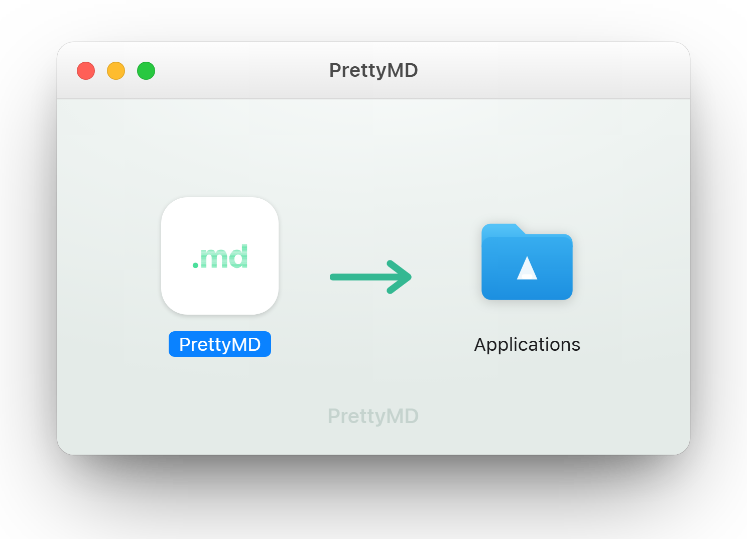 The PrettyMD disk image window in Finder, showing the PrettyMD app icon and an arrow pointing to the Applications folder.