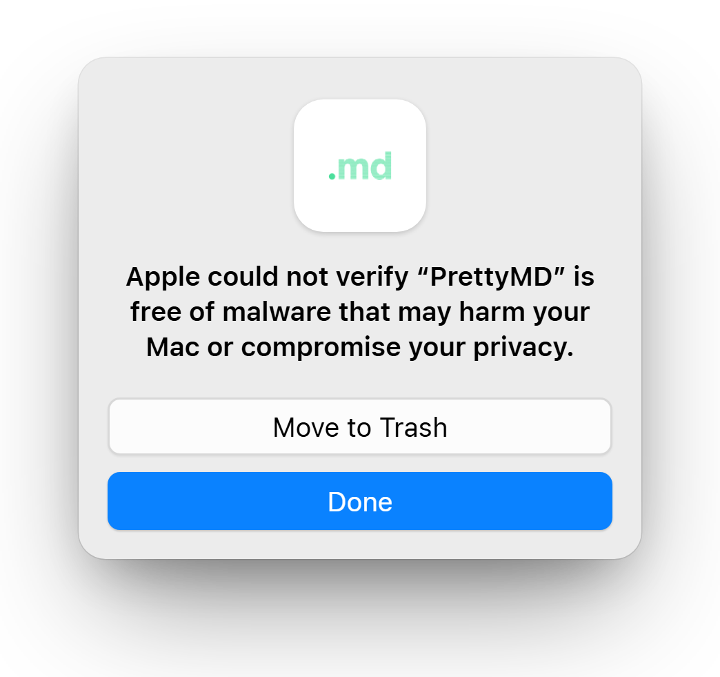 macOS alert titled “Apple could not verify ‘PrettyMD’ is free of malware that may harm your Mac or compromise your privacy,” with Move to Trash and a highlighted Done button.