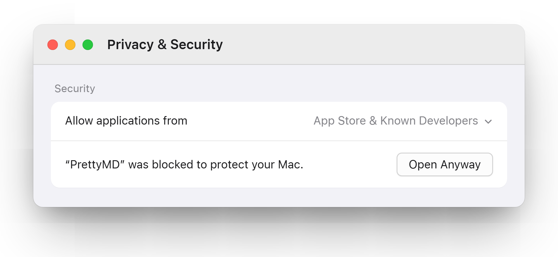 The Security section of System Settings → Privacy & Security, showing the row “‘PrettyMD’ was blocked to protect your Mac” with an Open Anyway button.