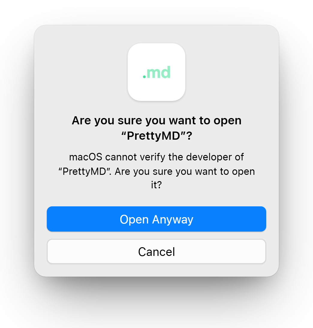 macOS confirmation alert titled “Are you sure you want to open ‘PrettyMD’?” with a highlighted Open Anyway button and a Cancel button.