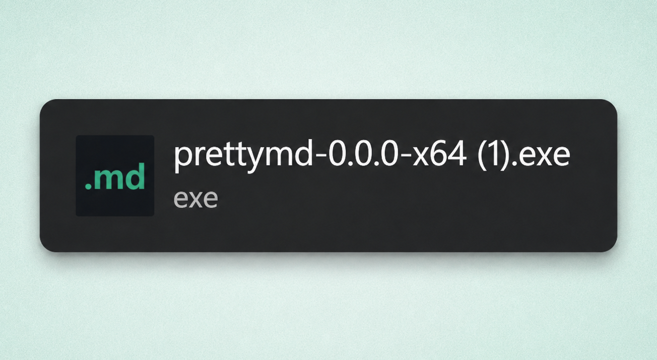The downloaded PrettyMD installer (prettymd-0.0.0-x64.exe) shown with the green .md app icon.