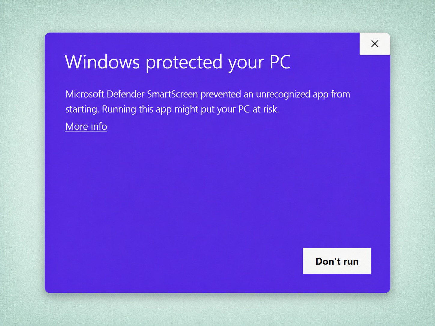The Windows SmartScreen 'Windows protected your PC' dialog, showing the More info link and a Don't run button.